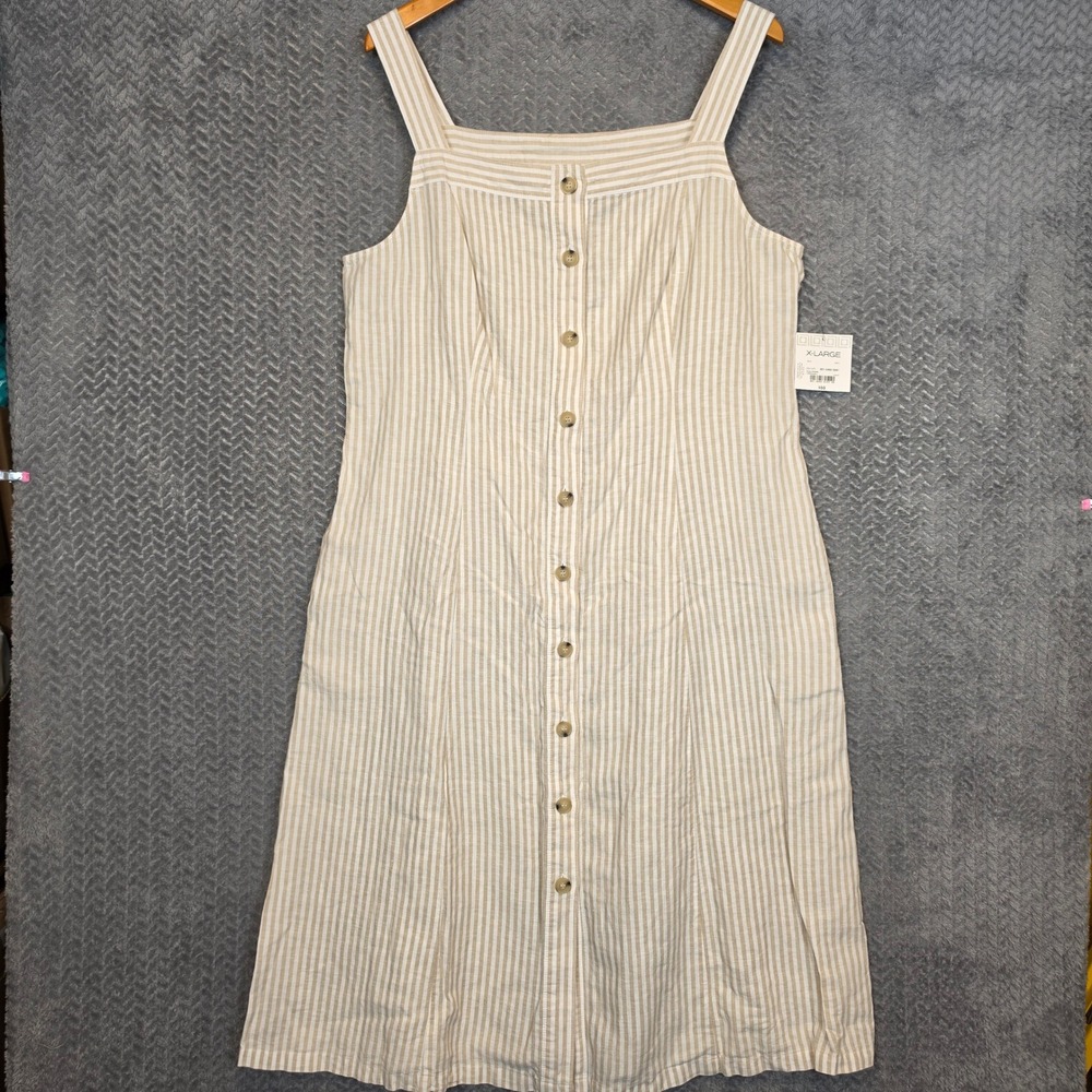 Liz Claiborne Womens XL Linen Blend Striped Button Front Midi Dress Tan White